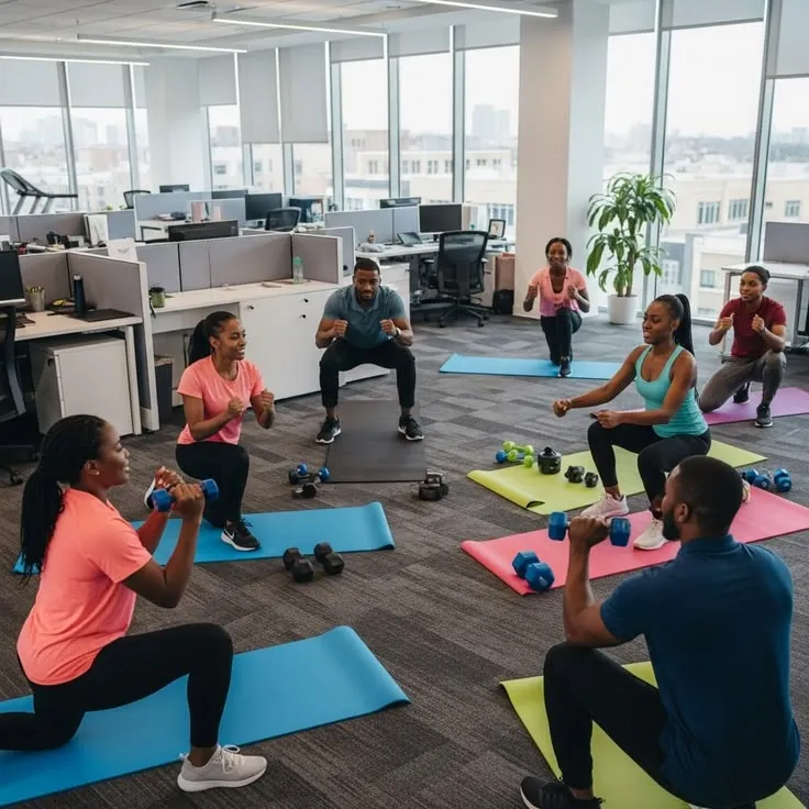 Desk worker performing a seated shoulder mobility exercise